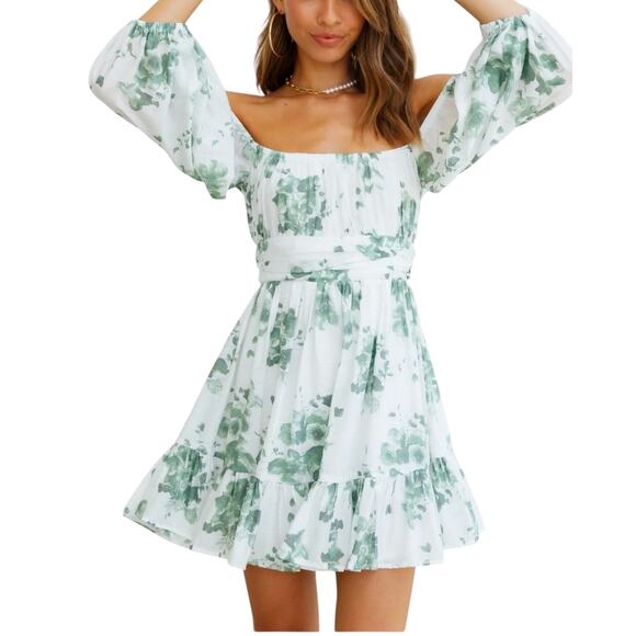 Fit & Flare Milkmaid Dress XL Green White Lantern Sleeves Ruffle Stretch Waist - Picture 2 of 16